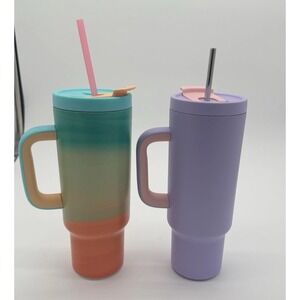 Encool Insulated Tumbler Lot Of 2 40oz‎ Handled Cups Straw Lids Pastel